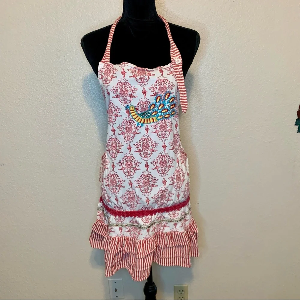 Sur La Table Peacock Embroidered Apron Red & White